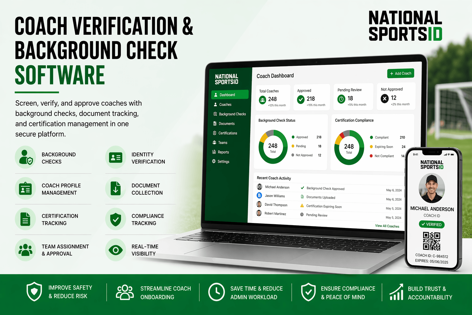 Youth sports coach verification and background check software showing coach screening, certification tracking, and compliance management tools.