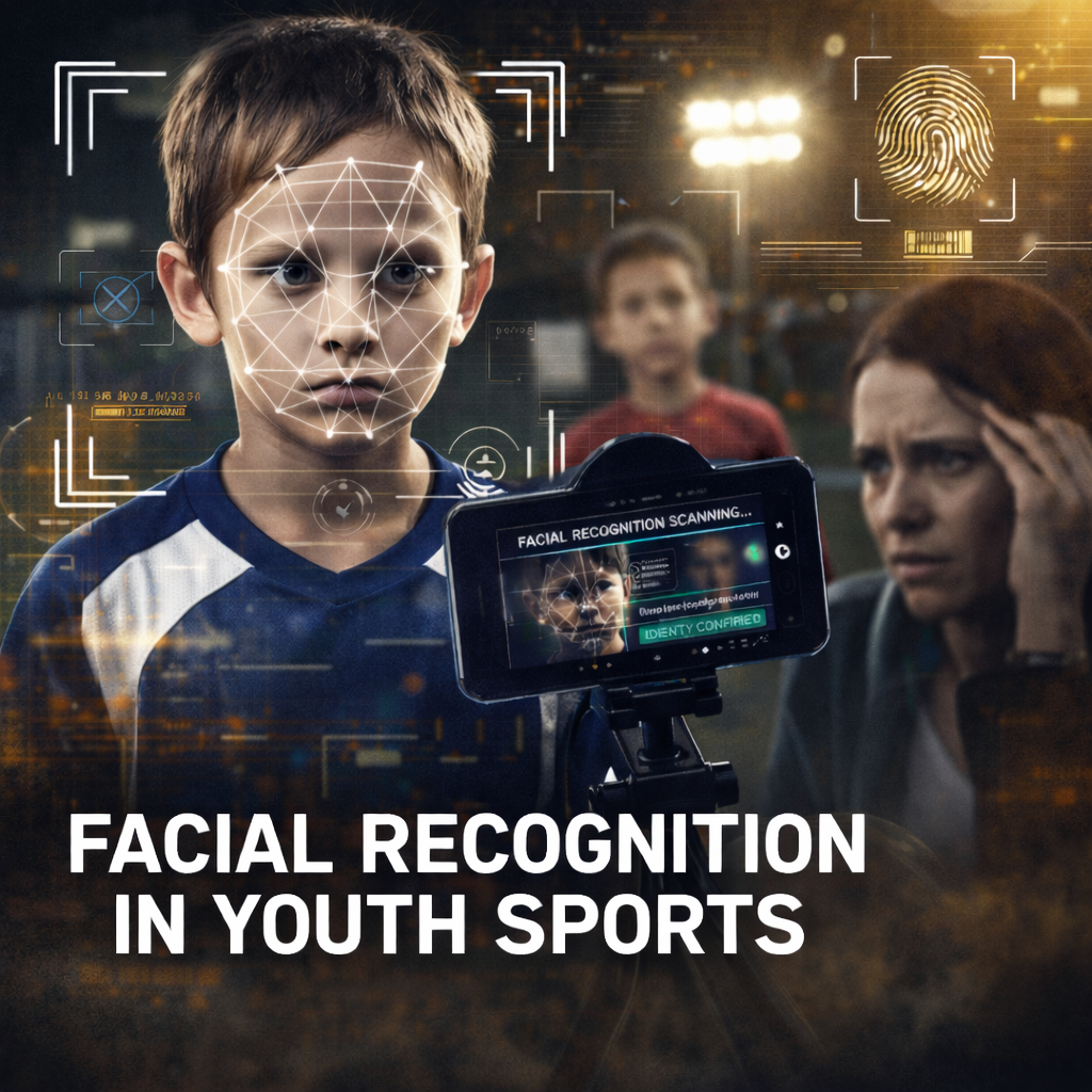 Facial recognition technology being used at a youth sports event to scan a player’s face during check-in