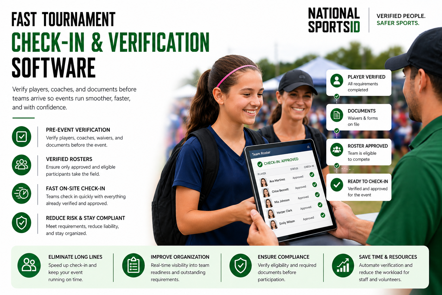Fast tournament check-in and verification software showing pre-event player and coach verification, digital waivers, and real-time team readiness.