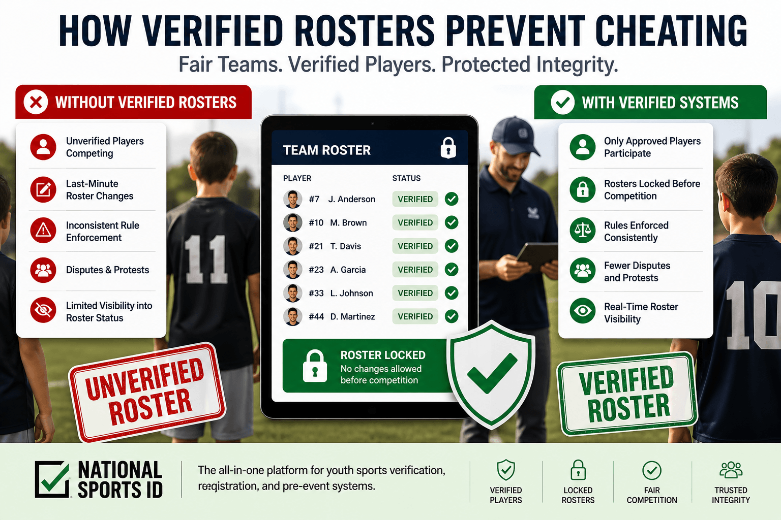 Infographic showing how verified rosters prevent cheating in youth sports by locking teams, verifying players, and ensuring only approved participants compete.