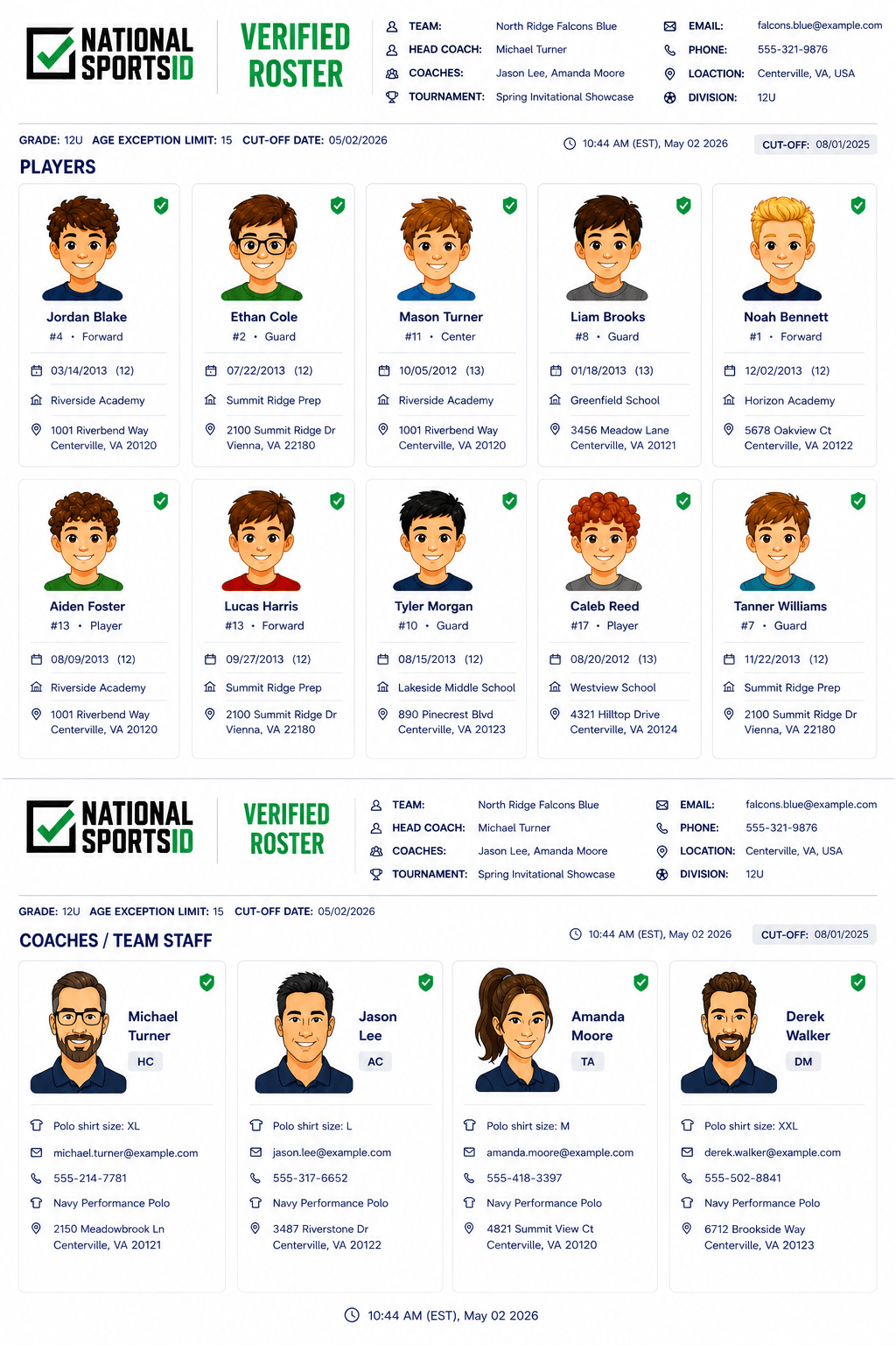 Verified youth sports roster showing players and coaches with AI avatars, roles, and eligibility details in a unified team view.
