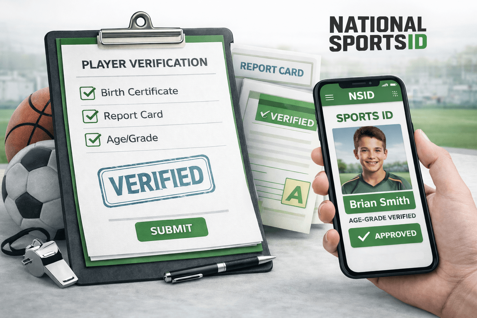 Youth sports player verification guide showing document checklist, verification approval, and digital Sports ID used for league and tournament eligibility.