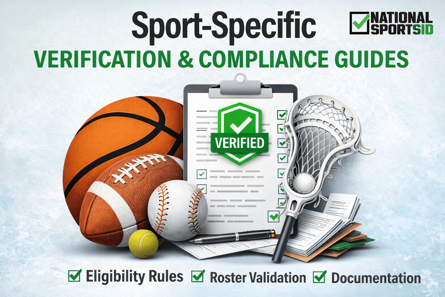 Sport-specific youth sports verification and compliance guides with checklist, documents, and multi-sport equipment.