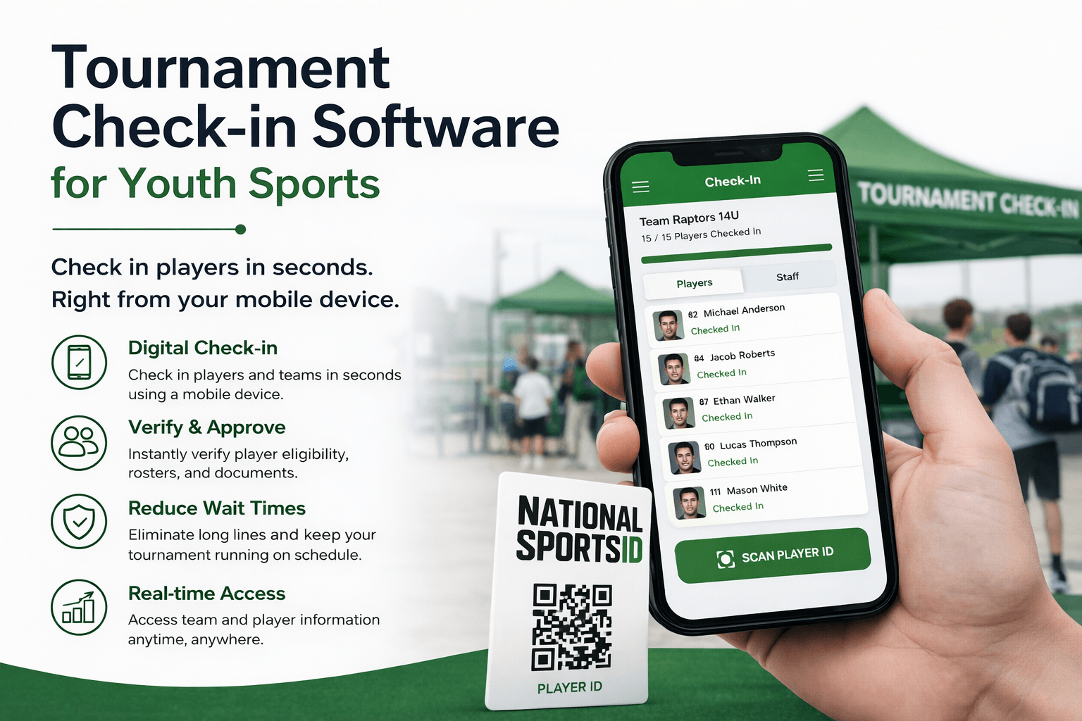 Tournament check-in software for youth sports showing mobile player check-in, roster verification, and digital team approval using a smartphone.
