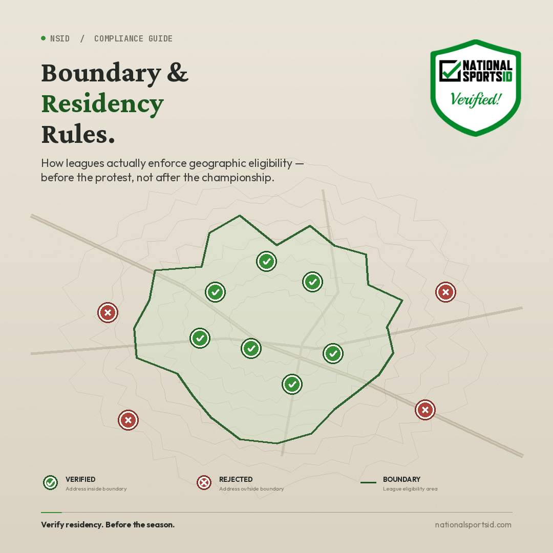 Boundary map showing eight verified address pins inside a green league boundary outline and four rejected red X pins outside the boundary, with the NSID Verified badge in the top right and the headline "Boundary & Residency Rules."