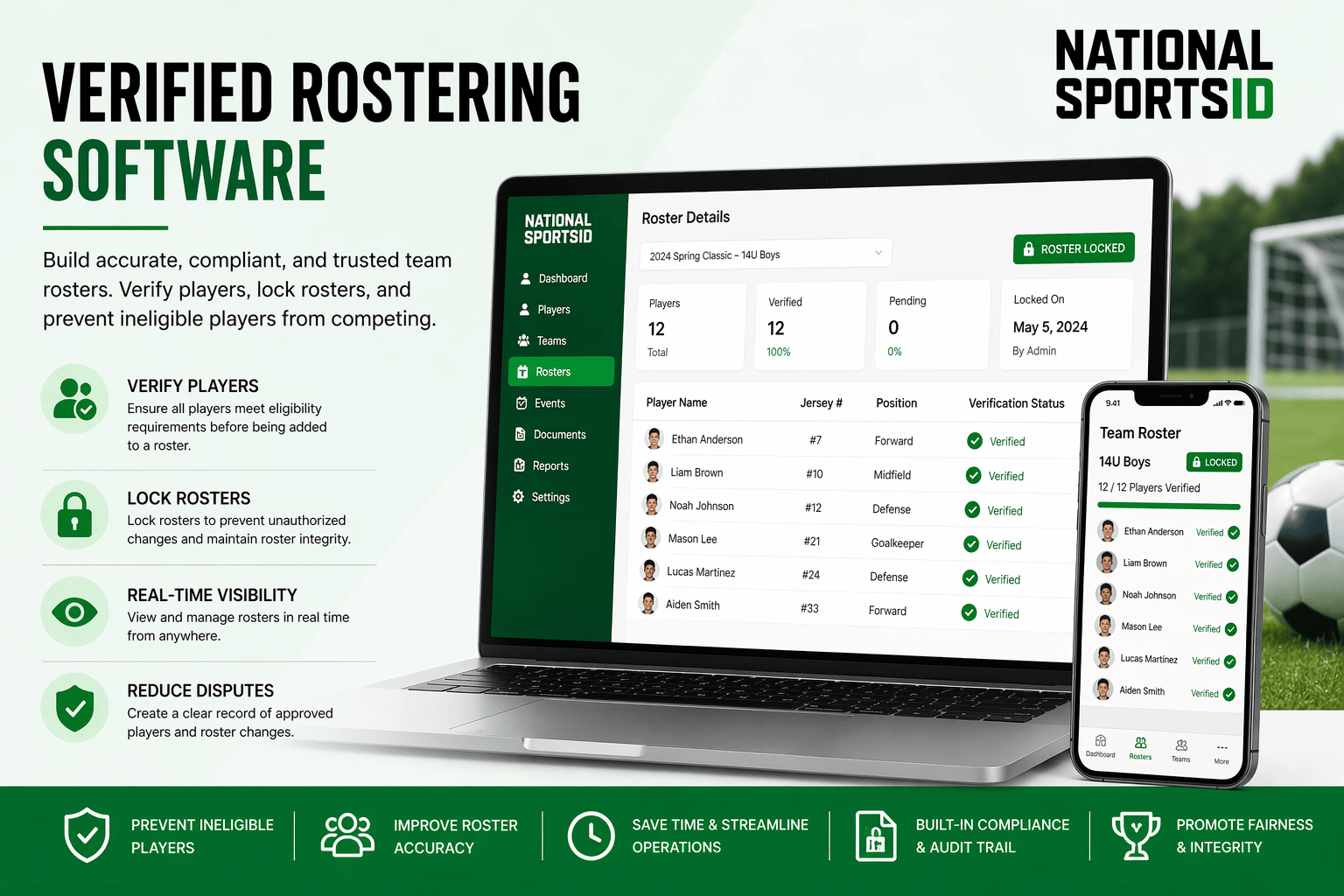 Youth sports verified rostering software showing player validation, locked team rosters, and real-time roster management tools.