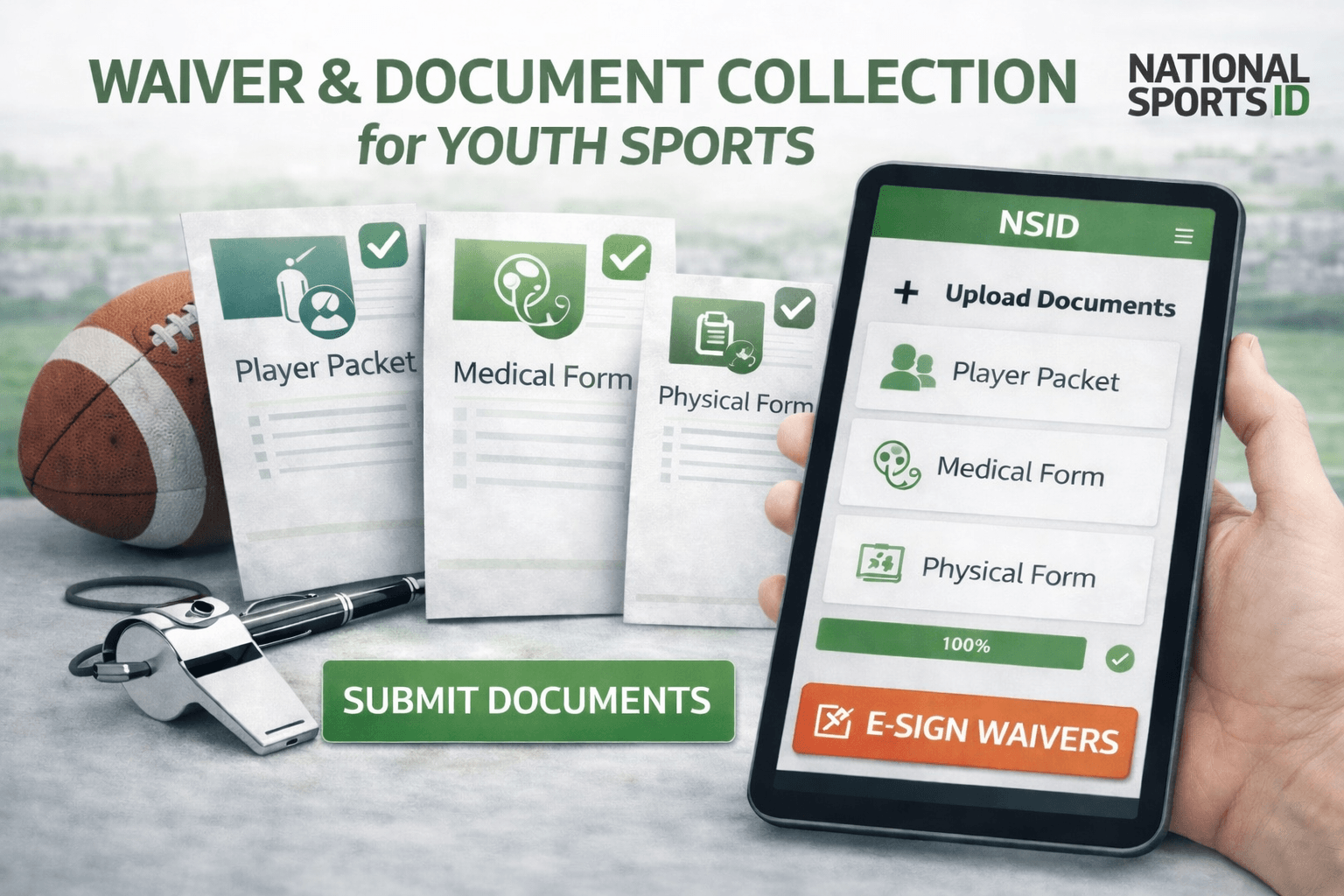 Youth sports waiver and document collection system showing digital upload of birth certificate, report card, and medical consent for player registration.