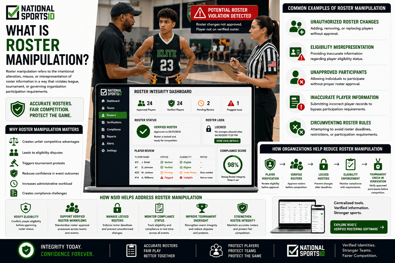 NSID Roster Manipulation infographic featuring a youth flag football player, coach, and referee reviewing a potential roster violation, alongside roster integrity dashboards, eligibility monitoring tools, roster verification systems, compliance tracking workflows, and tournament check-in verification processes.
