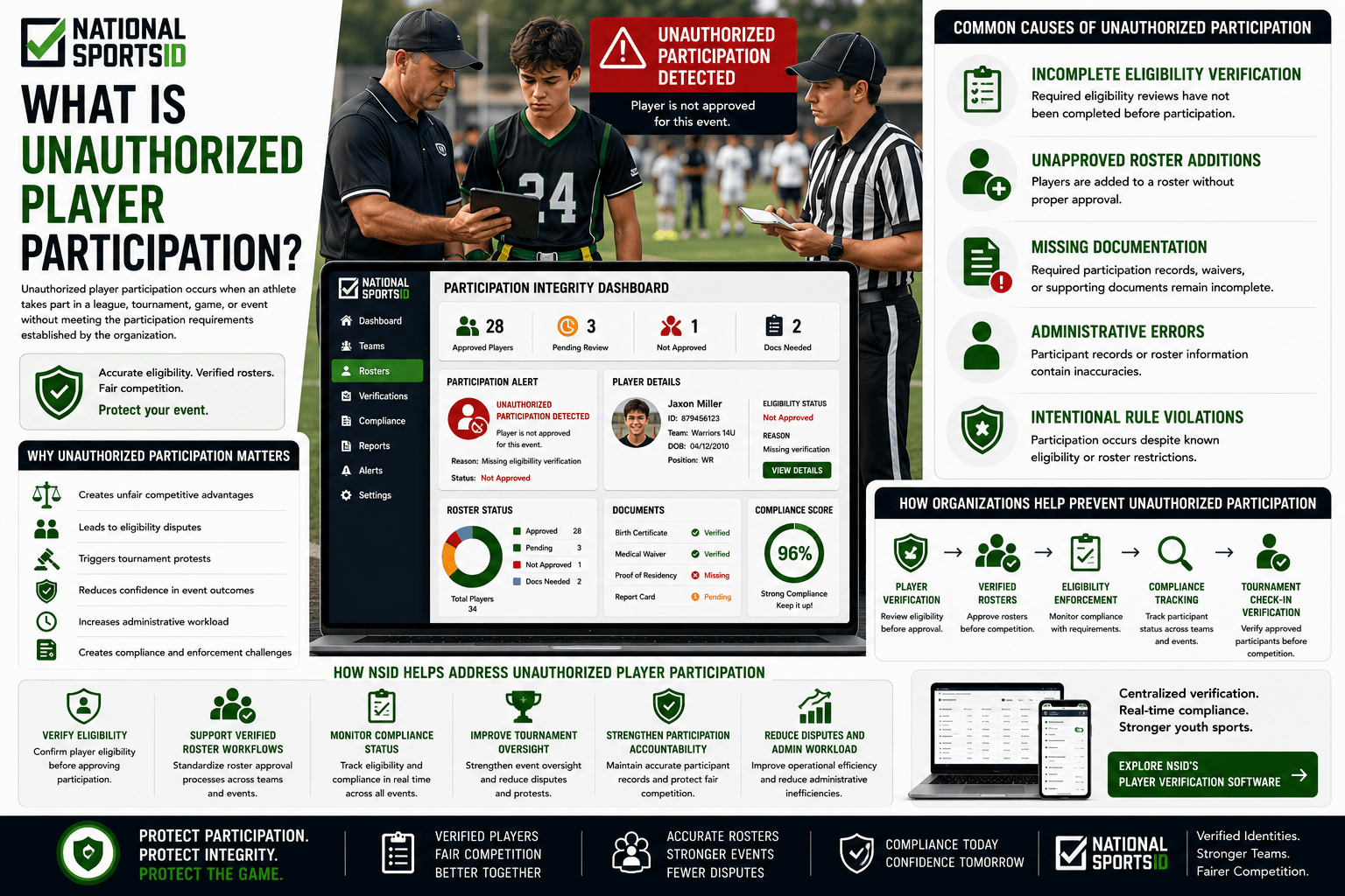 NSID Unauthorized Player Participation infographic featuring a youth flag football player, coach, and referee reviewing a participation eligibility issue, alongside player verification dashboards, roster approval systems, compliance tracking tools, eligibility enforcement workflows, and tournament check-in verification processes.
