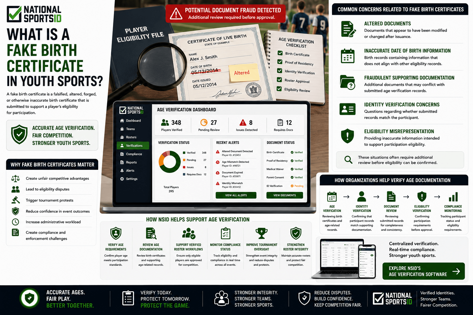 NSID Fake Birth Certificate in Youth Sports infographic featuring a player eligibility file, birth certificate under review with a magnifying glass, age verification checklist, and age verification dashboard alongside document review workflows, identity verification tools, and compliance monitoring systems.