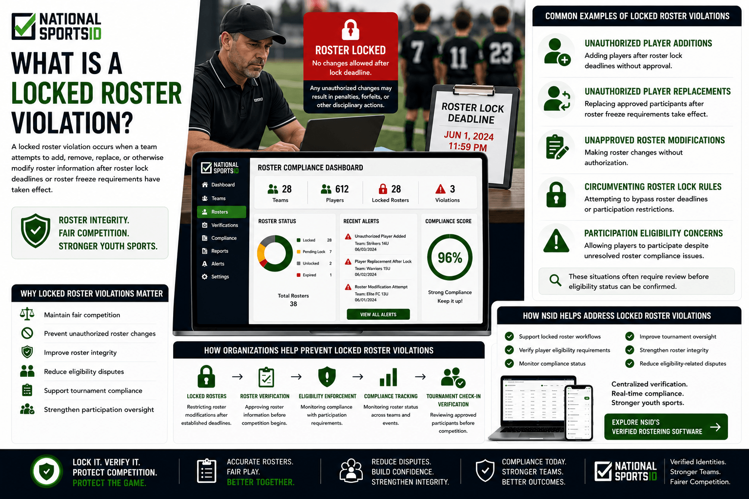 NSID Locked Roster Violation infographic featuring a coach reviewing roster compliance on a laptop beside a locked roster deadline notice, alongside roster verification dashboards, compliance alerts, roster lock enforcement tools, eligibility monitoring systems, and tournament oversight workflows.
