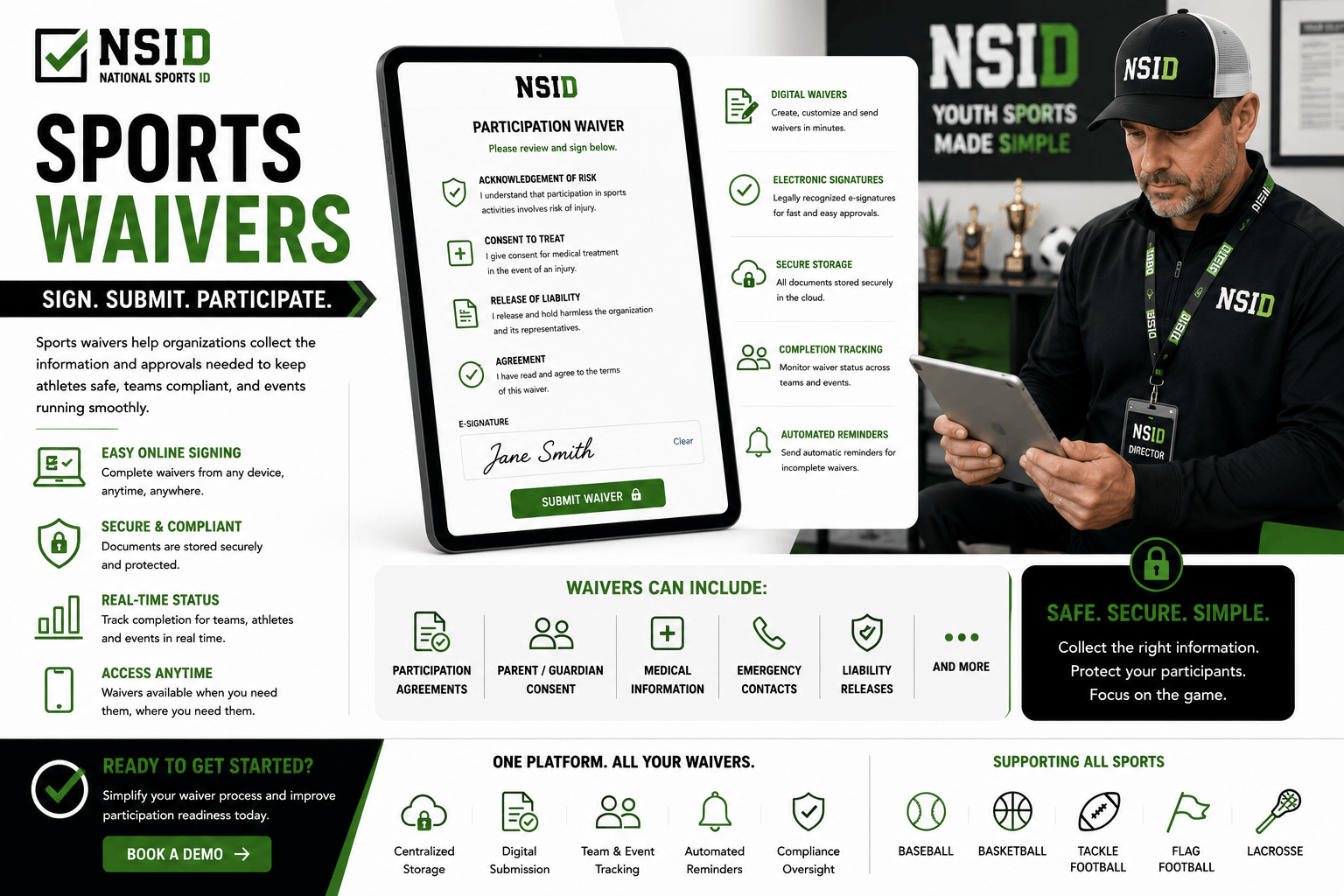 NSID Sports Waivers infographic featuring a youth sports director reviewing digital waiver submissions on a tablet alongside an electronic sports waiver form, secure document storage tools, e-signature workflows, waiver tracking systems, and compliance management features.
