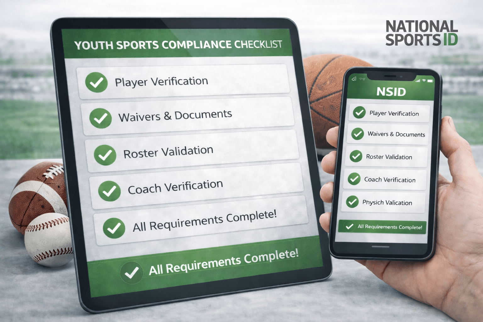 Youth sports compliance checklist showing completed verification, waivers, roster validation, and eligibility requirements on a digital dashboard.