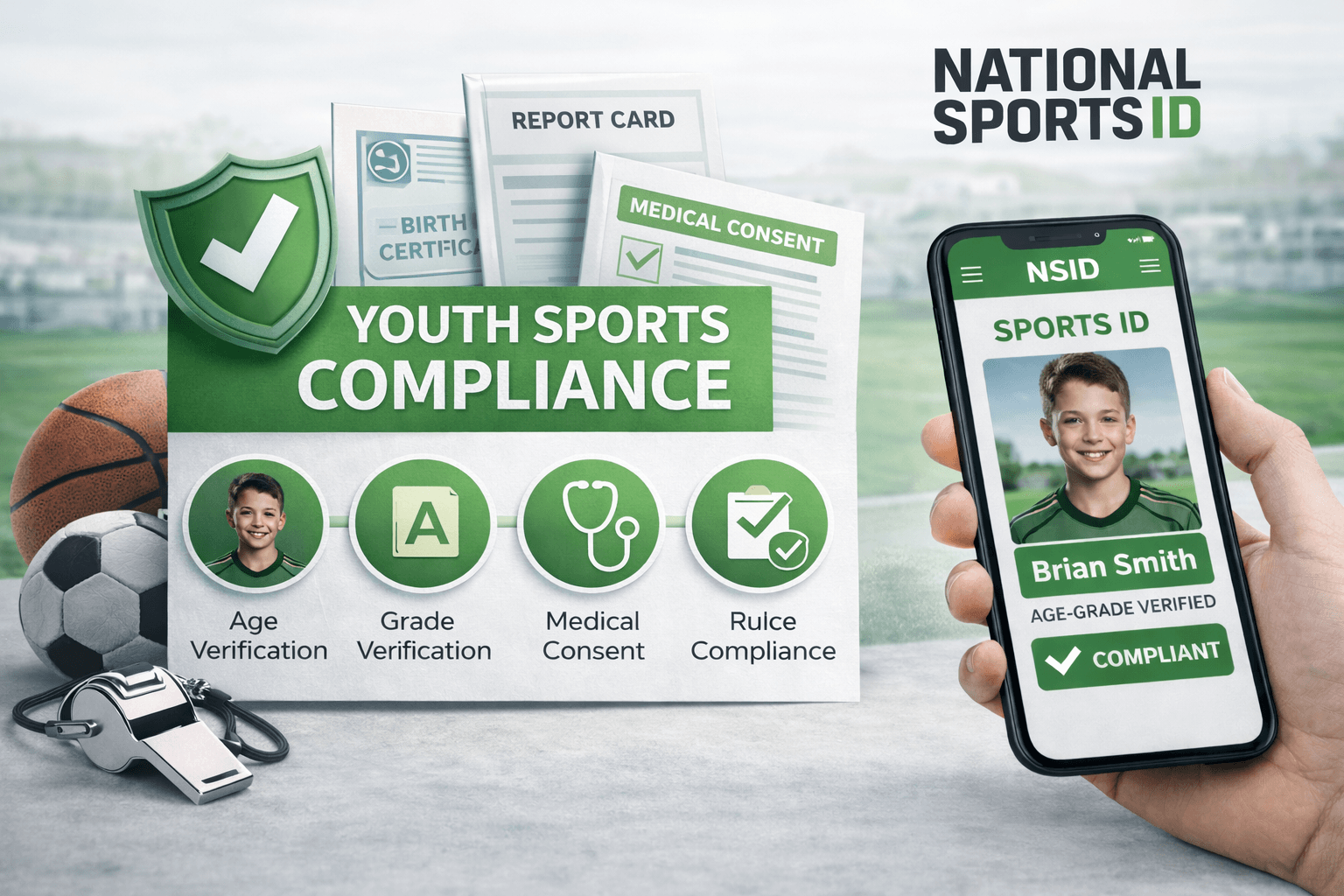 Youth sports compliance guide showing eligibility verification, document requirements, and digital Sports ID for leagues and tournaments.