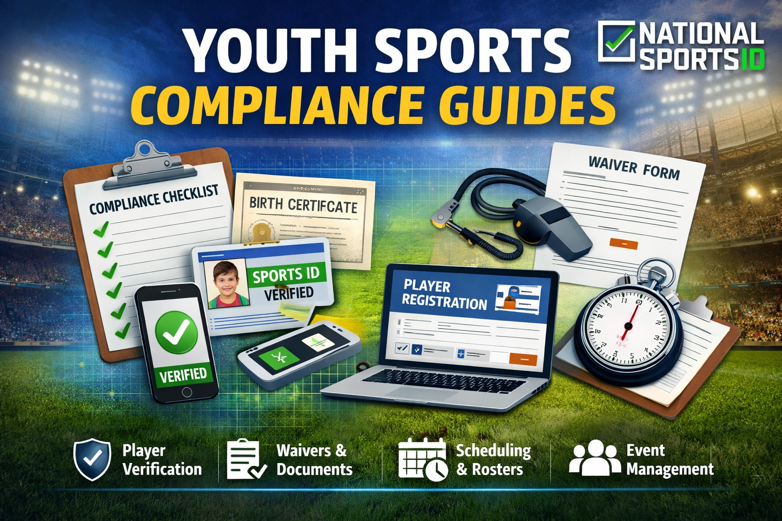 Youth sports compliance guides image featuring player verification, waivers, registration, and roster management tools for leagues and tournaments.