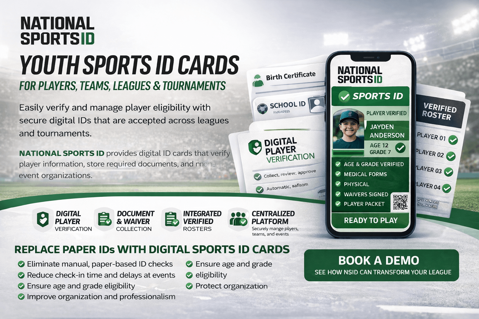Youth sports digital ID cards showing player verification, age and grade eligibility, waivers, and verified rosters for leagues and tournaments.