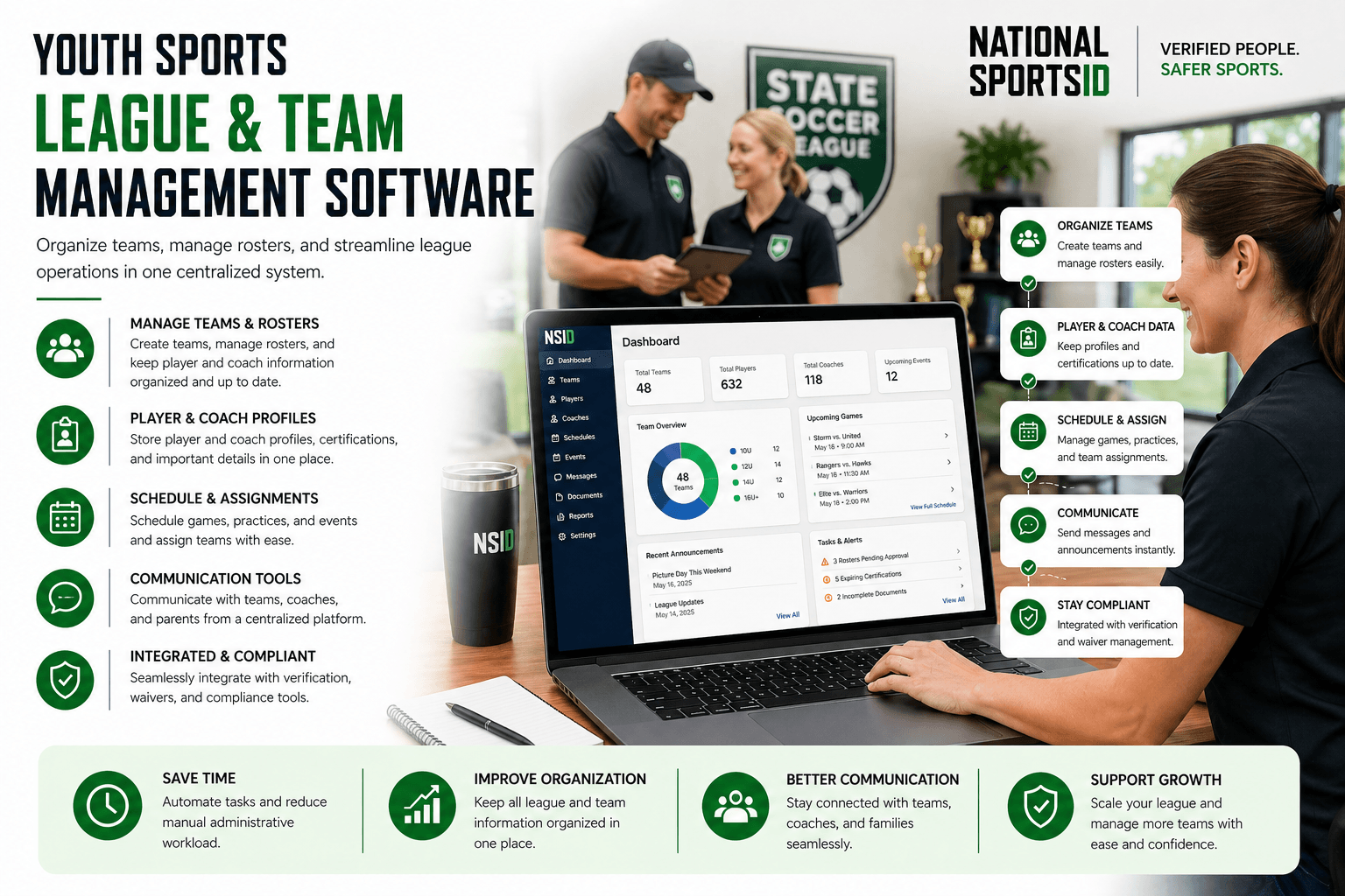 Youth sports league and team management software showing team organization, player and coach profiles, scheduling, and centralized league operations.