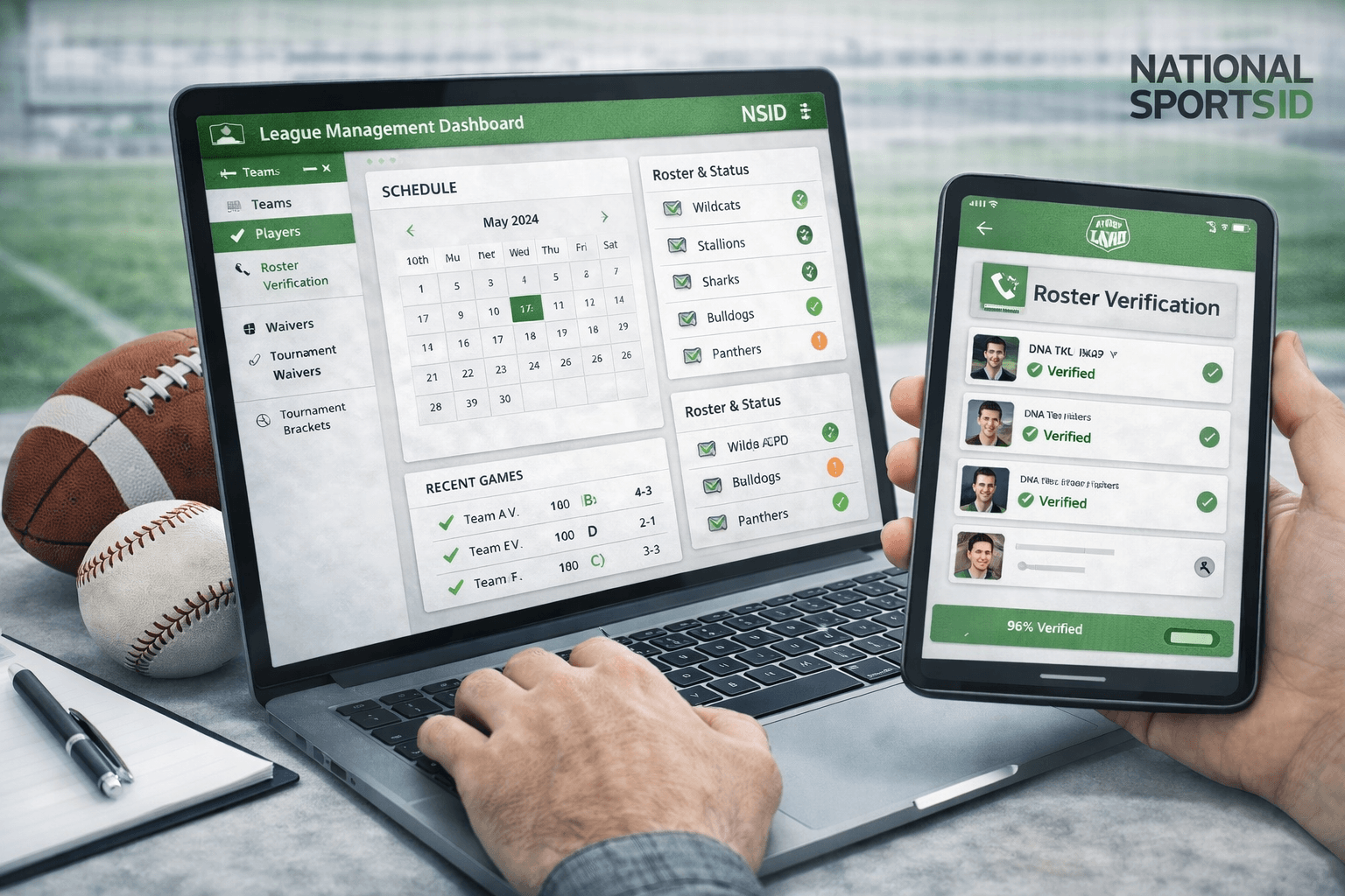 Youth sports director dashboard showing scheduling, roster management, player verification, and compliance tracking on a laptop and mobile device.