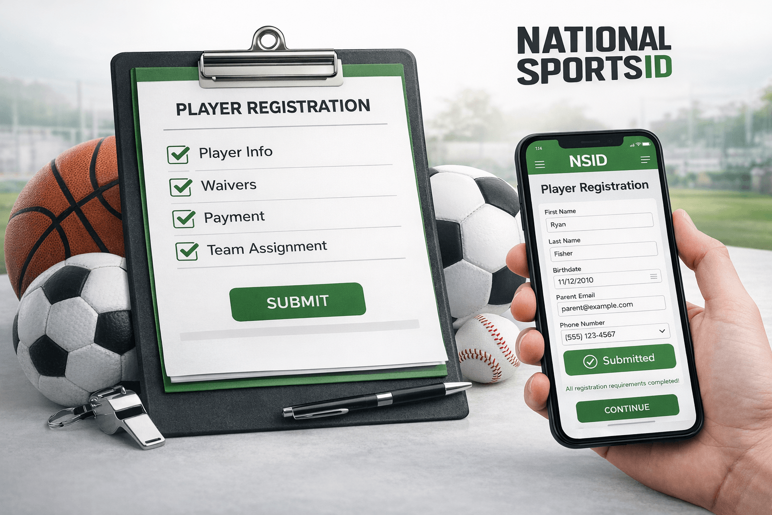 Youth sports online registration system showing player sign-up form, document submission, and digital registration completion on a mobile device.