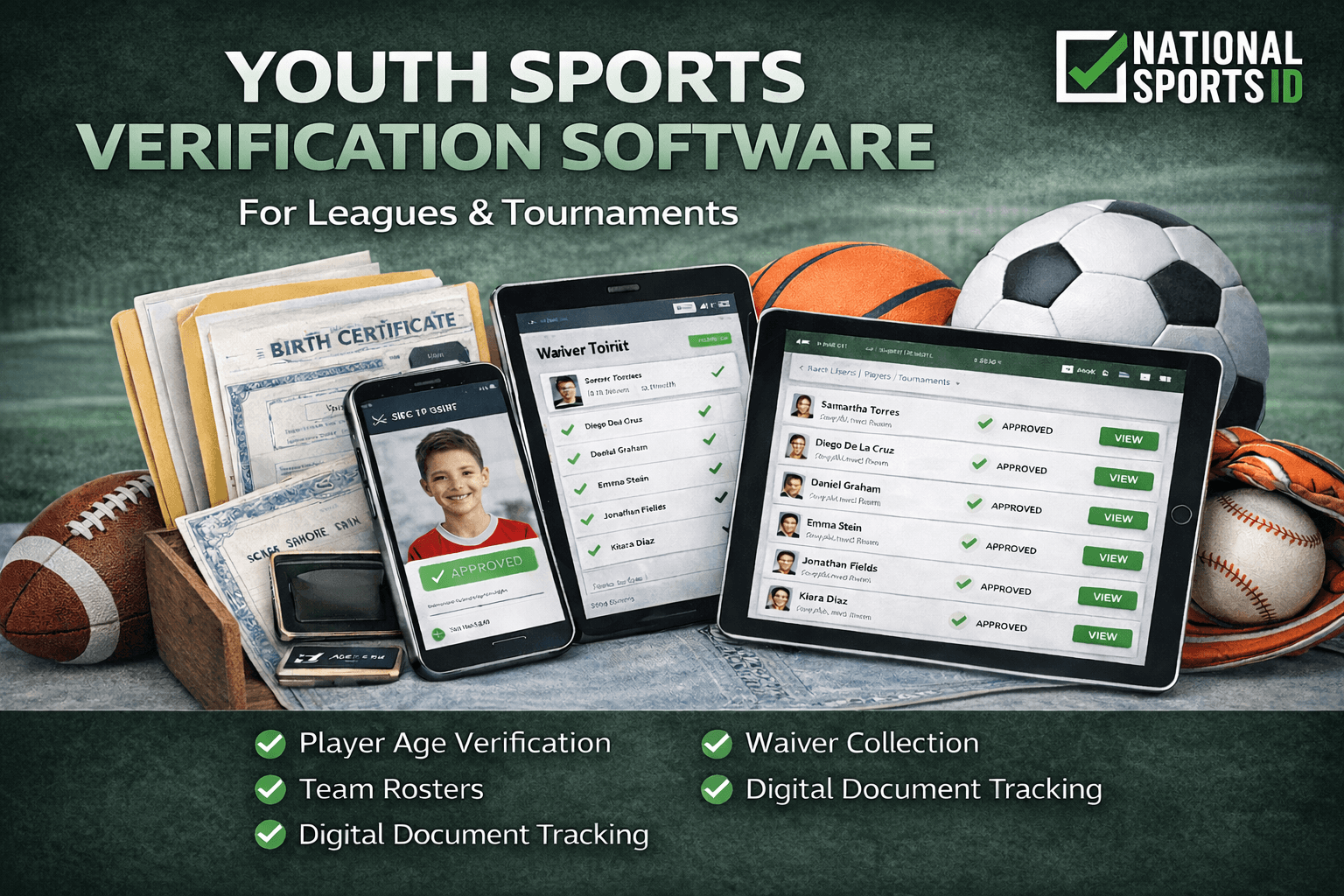 Youth sports verification software showing player age verification, waiver collection, team rosters, and digital document tracking for leagues and tournaments.