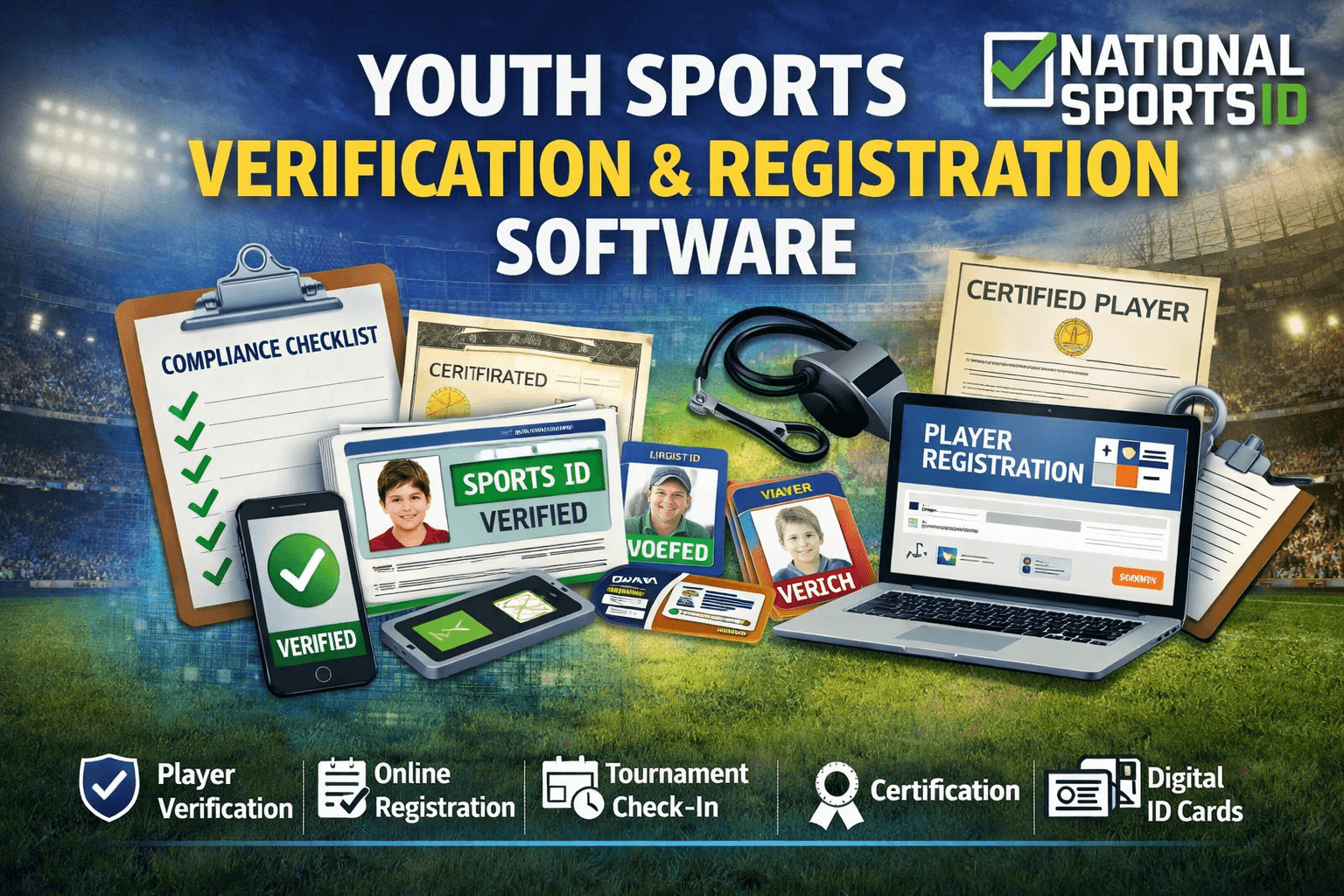 Youth sports verification and registration software image showing player verification, online registration, tournament check-in, certification, and digital ID cards.