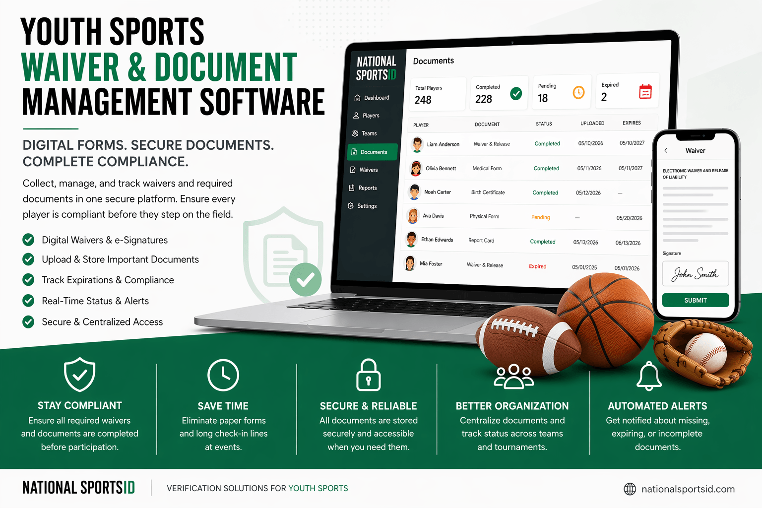 Youth sports waiver and document management software showing digital waivers, document tracking, and compliance tools for leagues and tournaments.