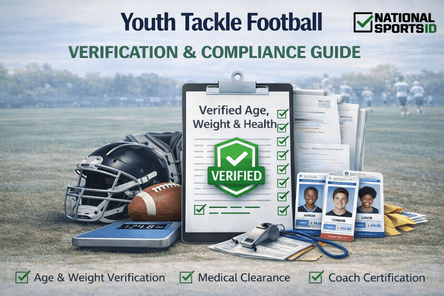 Youth tackle football verification and compliance guide with age and weight verification, medical clearance, and coach certification.